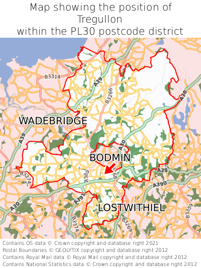 Map showing location of Tregullon within PL30