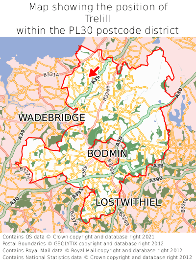 Map showing location of Trelill within PL30