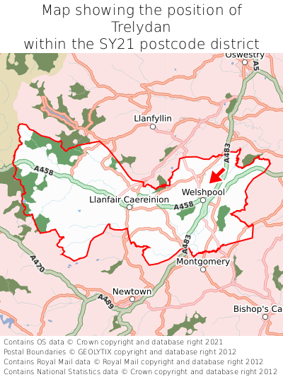 Map showing location of Trelydan within SY21