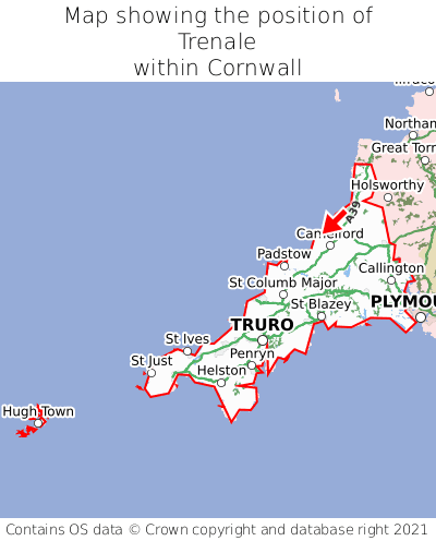 Map showing location of Trenale within Cornwall