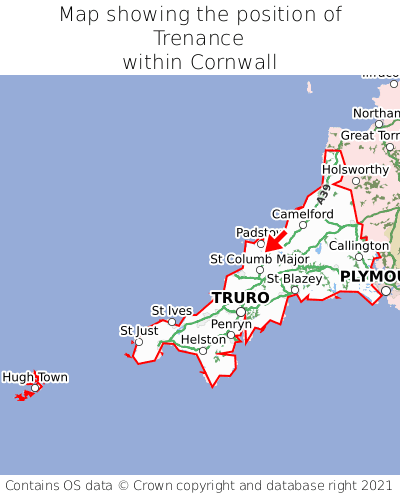 Map showing location of Trenance within Cornwall