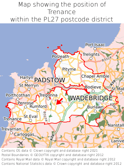 Map showing location of Trenance within PL27