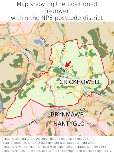 Map showing location of Tretower within NP8