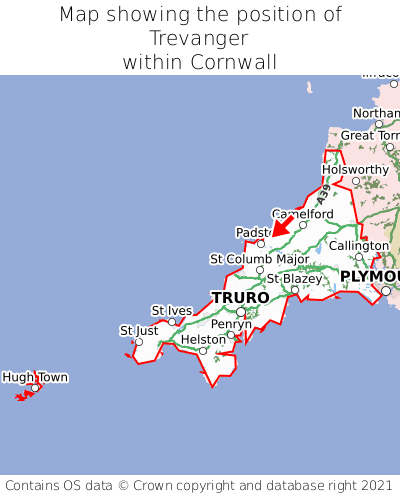 Map showing location of Trevanger within Cornwall