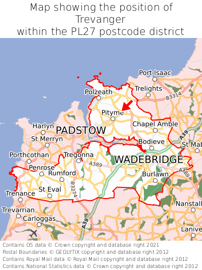 Map showing location of Trevanger within PL27