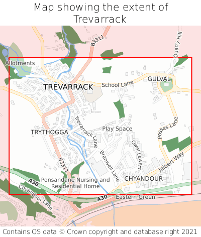 Map showing extent of Trevarrack as bounding box