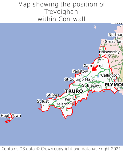 Map showing location of Treveighan within Cornwall