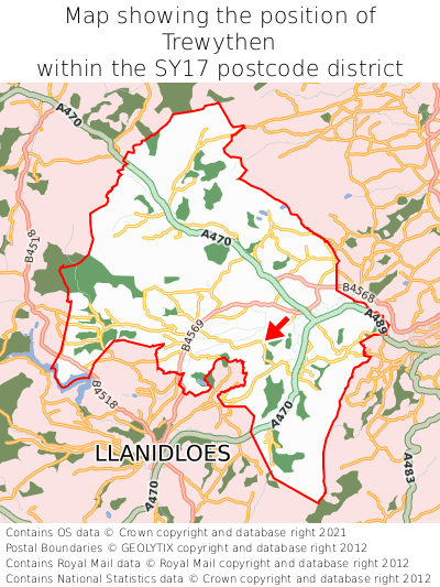 Map showing location of Trewythen within SY17