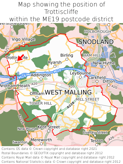 Map showing location of Trottiscliffe within ME19