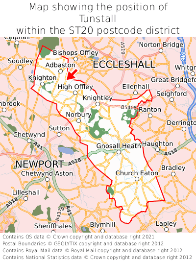Map showing location of Tunstall within ST20