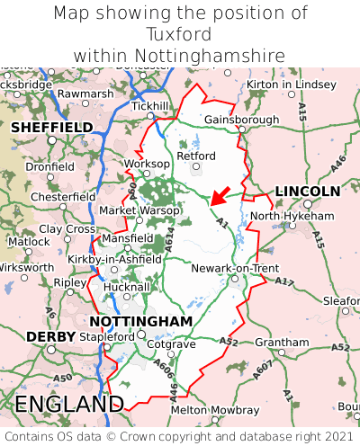 Map showing location of Tuxford within Nottinghamshire