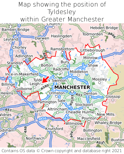 Map showing location of Tyldesley within Greater Manchester