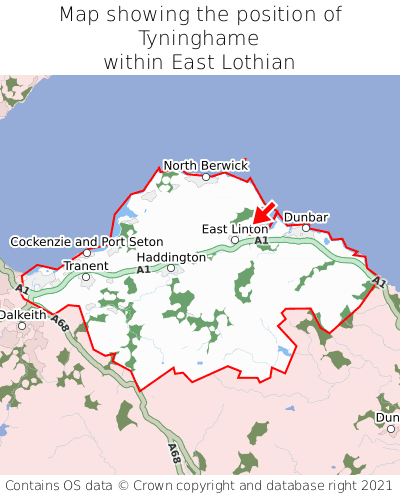 Map showing location of Tyninghame within East Lothian