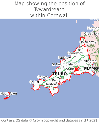 Map showing location of Tywardreath within Cornwall