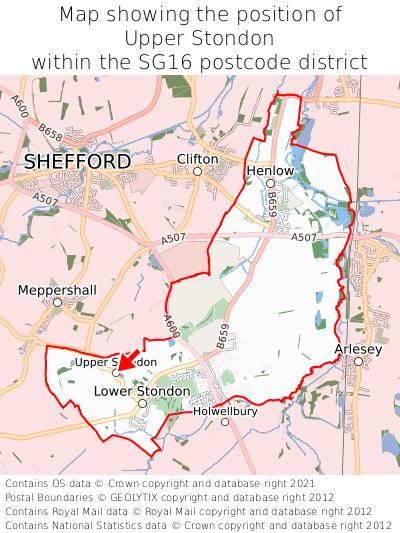 Map showing location of Upper Stondon within SG16