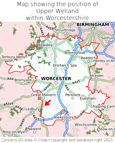 Map showing location of Upper Welland within Worcestershire
