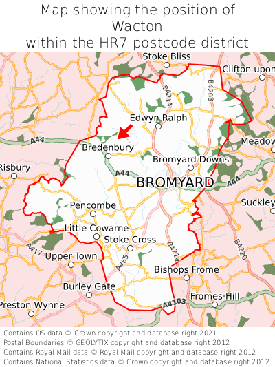 Map showing location of Wacton within HR7