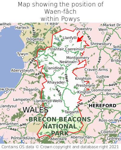 Map showing location of Waen-fâch within Powys