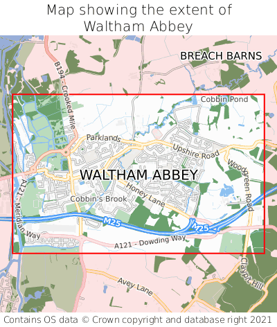 Map showing extent of Waltham Abbey as bounding box