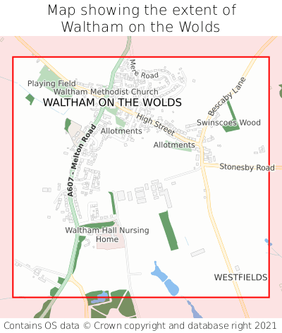 Map showing extent of Waltham on the Wolds as bounding box