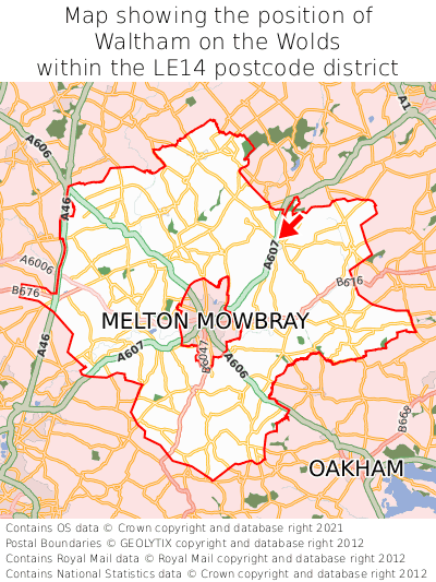 Map showing location of Waltham on the Wolds within LE14