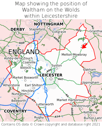 Map showing location of Waltham on the Wolds within Leicestershire