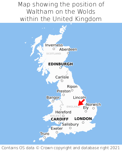 Map showing location of Waltham on the Wolds within the UK