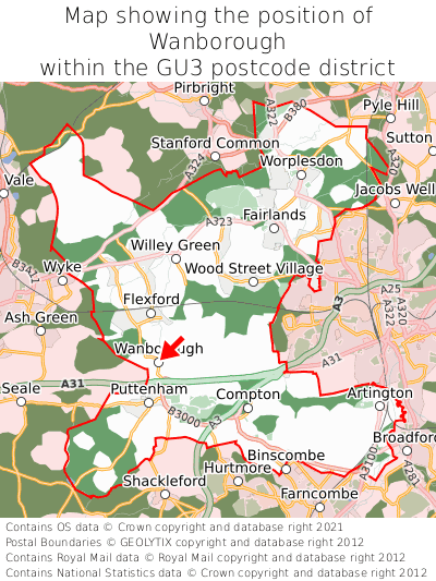 Map showing location of Wanborough within GU3