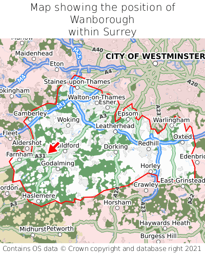 Map showing location of Wanborough within Surrey