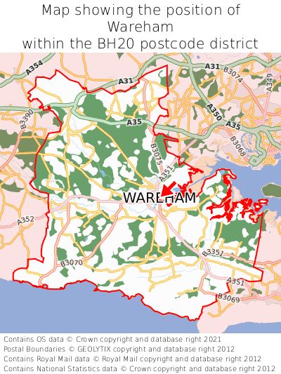 Map showing location of Wareham within BH20