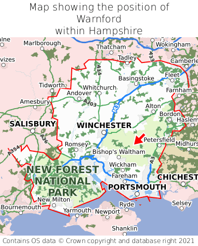 Map showing location of Warnford within Hampshire