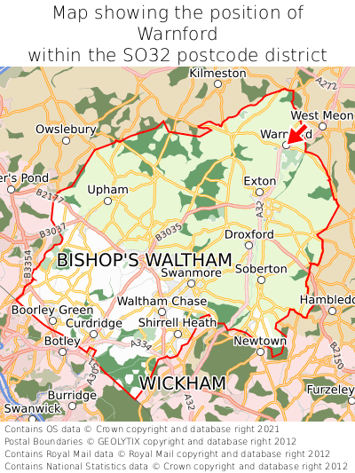 Map showing location of Warnford within SO32