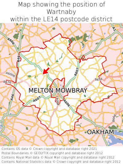 Map showing location of Wartnaby within LE14