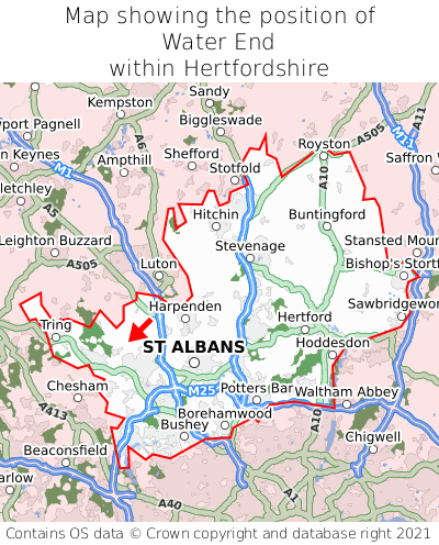 Map showing location of Water End within Hertfordshire