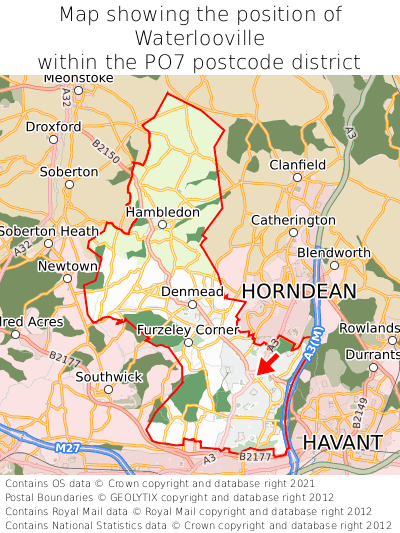 Map showing location of Waterlooville within PO7