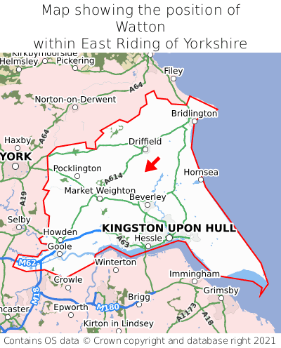 Map showing location of Watton within East Riding of Yorkshire