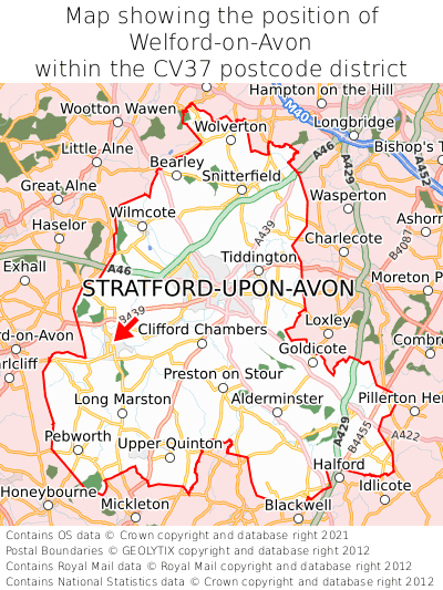 Map showing location of Welford-on-Avon within CV37