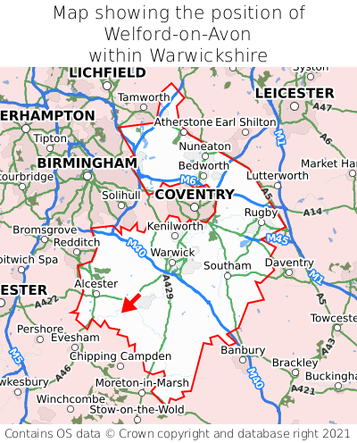 Map showing location of Welford-on-Avon within Warwickshire