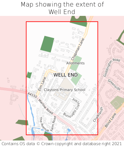 Map showing extent of Well End as bounding box