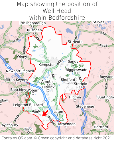 Map showing location of Well Head within Bedfordshire