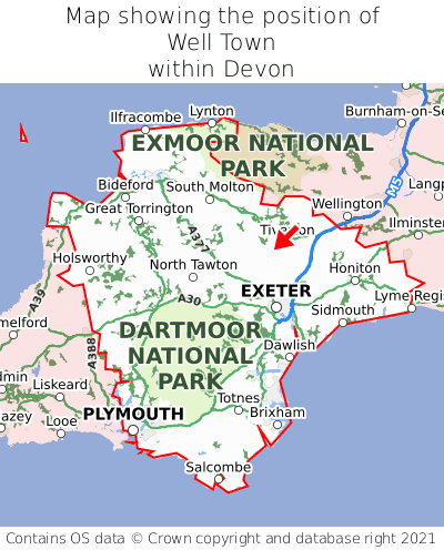 Map showing location of Well Town within Devon