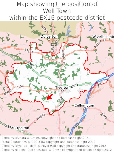 Map showing location of Well Town within EX16