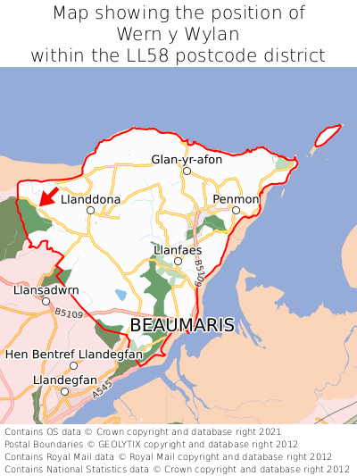 Map showing location of Wern y Wylan within LL58