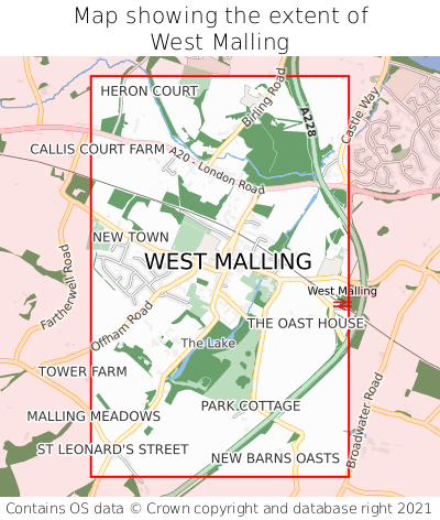 Map showing extent of West Malling as bounding box