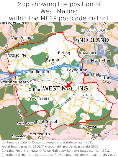 Map showing location of West Malling within ME19