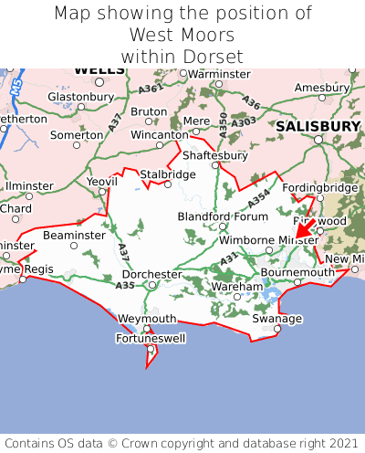 Map showing location of West Moors within Dorset