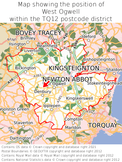 Map showing location of West Ogwell within TQ12