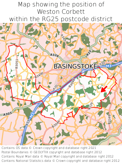 Map showing location of Weston Corbett within RG25