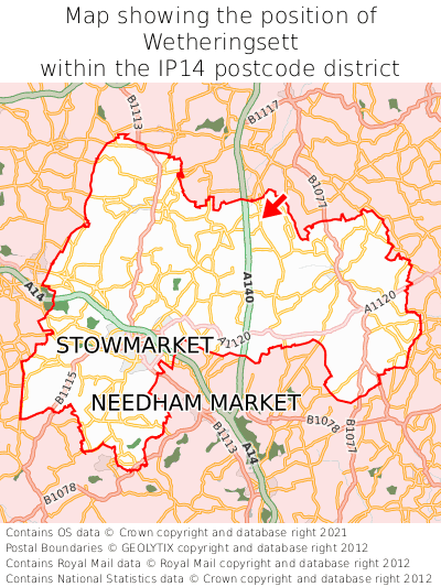 Map showing location of Wetheringsett within IP14