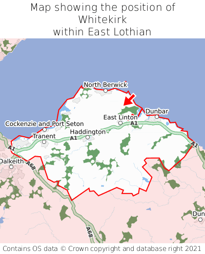 Map showing location of Whitekirk within East Lothian